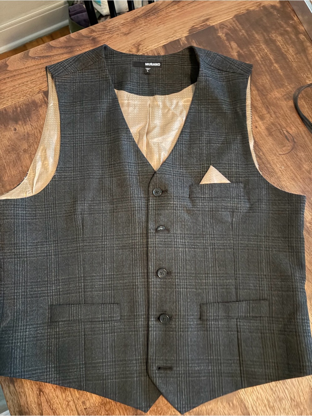 Murano Men's Black Gray Plaid Dress Vest with Cream Pocket Square